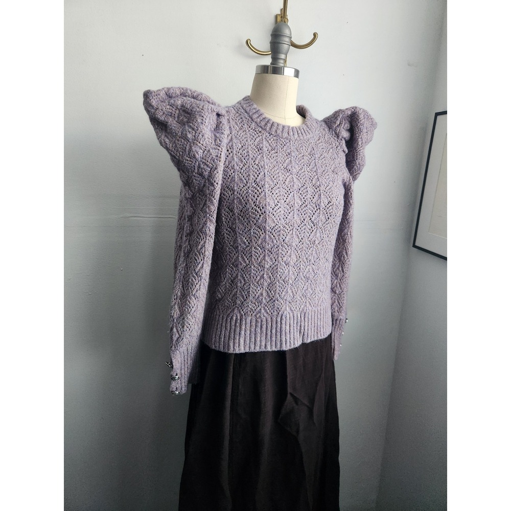 Veronica Beard Purple Wool Alpaca Puff Shoulder Pointelle Knit Sweater Small